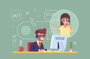 Happy male helpline operator with headset consulting a client. Online global tech support 24 on 7. Operator and customer. Technical support concept. Vector illustration in flat design.
